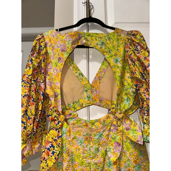 ALÉMAIS Floral Print Mini Dress Puff Sleeve Tie Cutout Backless Yellow US 10 - Picture 12 of 12